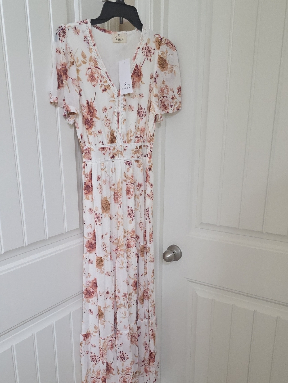 Floral Maxi Dress - White with Rose Gold Floral Print